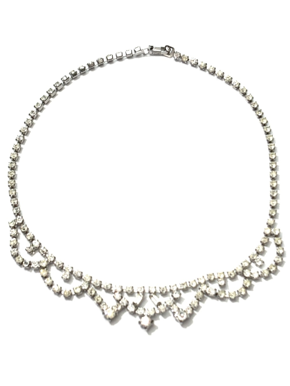 Belle Signed Vintage 1950s Clear Rhinestone Silver Tone Bib Collar Necklace